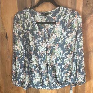 Lucky Brand Floral Wrap Blouse in Blue gray and White